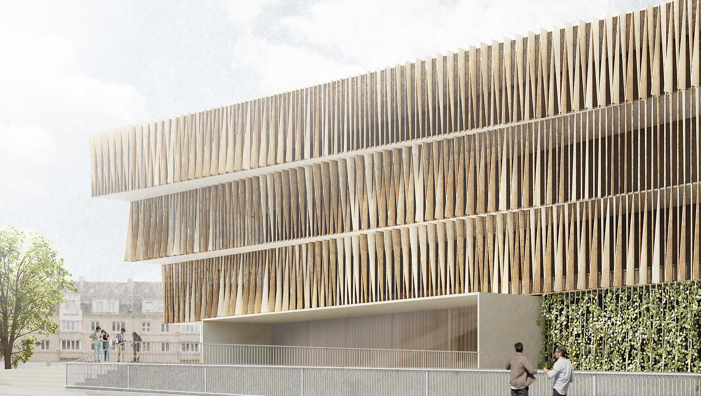 Visualisierung eines modernen Gebäudes mit vertikaler Holzfassade und begrünten Elementen